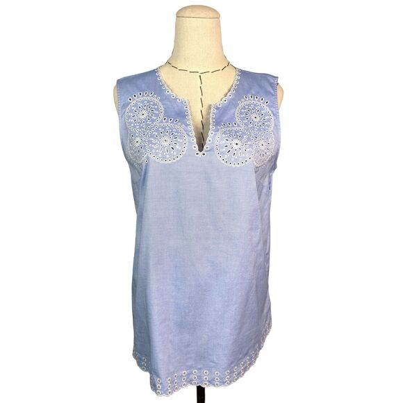 J.Crew Sleeveless Top Womens 4 Light Blue Eyelet‎ Chambray V-Neck Side Zip - Picture 1 of 11
